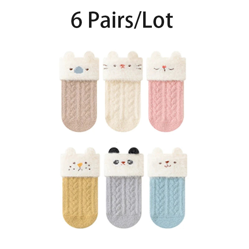 3/6 Pairs Children'S Socks Solid Color Cartoon Kids Mid-Tube Socks Winter Warmth Newborn Socks For Boys And Girls
