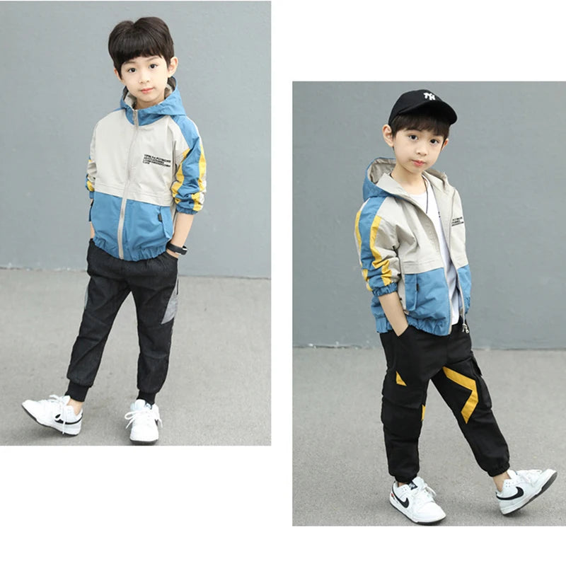 New Handsome Teenager Boys Hoodies Fashion Splicing Style Coat For Kids 3-12 Years Children Windbreaker Jacket