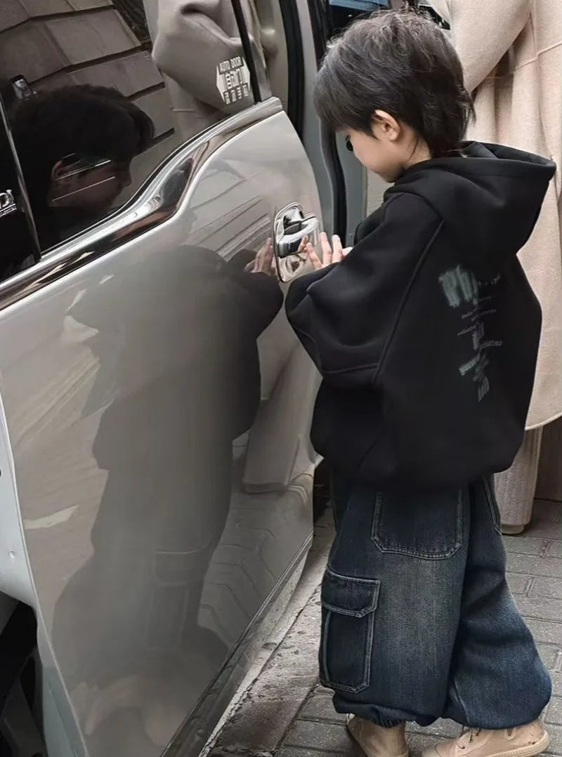 2025 New Boys' Vintage American-Style Mid-Large Slouchy Loose Fit Thickened Fleece-Lined Casual Hoodie for Autumn Winter