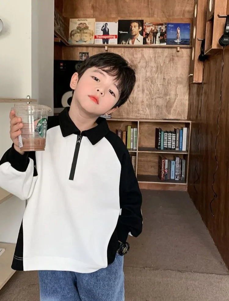 Boys' 2025 Spring/Autumn New Arrival Cotton Punk-Style Street-Savvy Trendy Polo Collar Sweatshirt - Stylish Baby Boys' Top