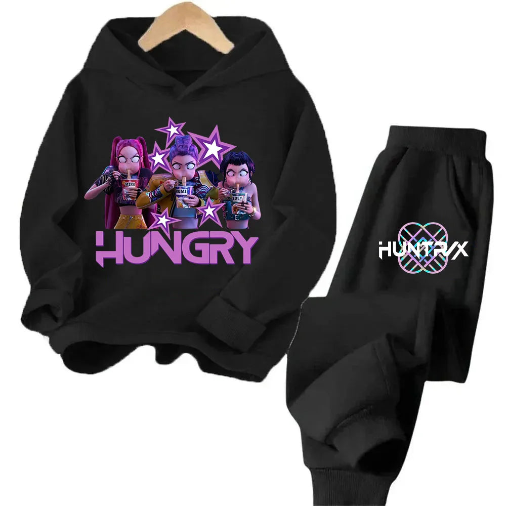 Girls Clothing 2025 Hot KPop Demon Hunter Cartoon Girls Hooded Sweatshirt Sweatpants Set Warm Children's Fashion Casual Tops