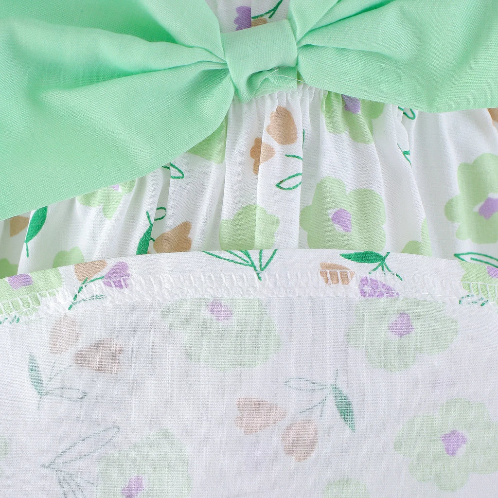 Girls' New Summer Dress Children's Small Flower Print Back Elastic Waist Solid Bow Princess Dress and Hat Two Piece Set