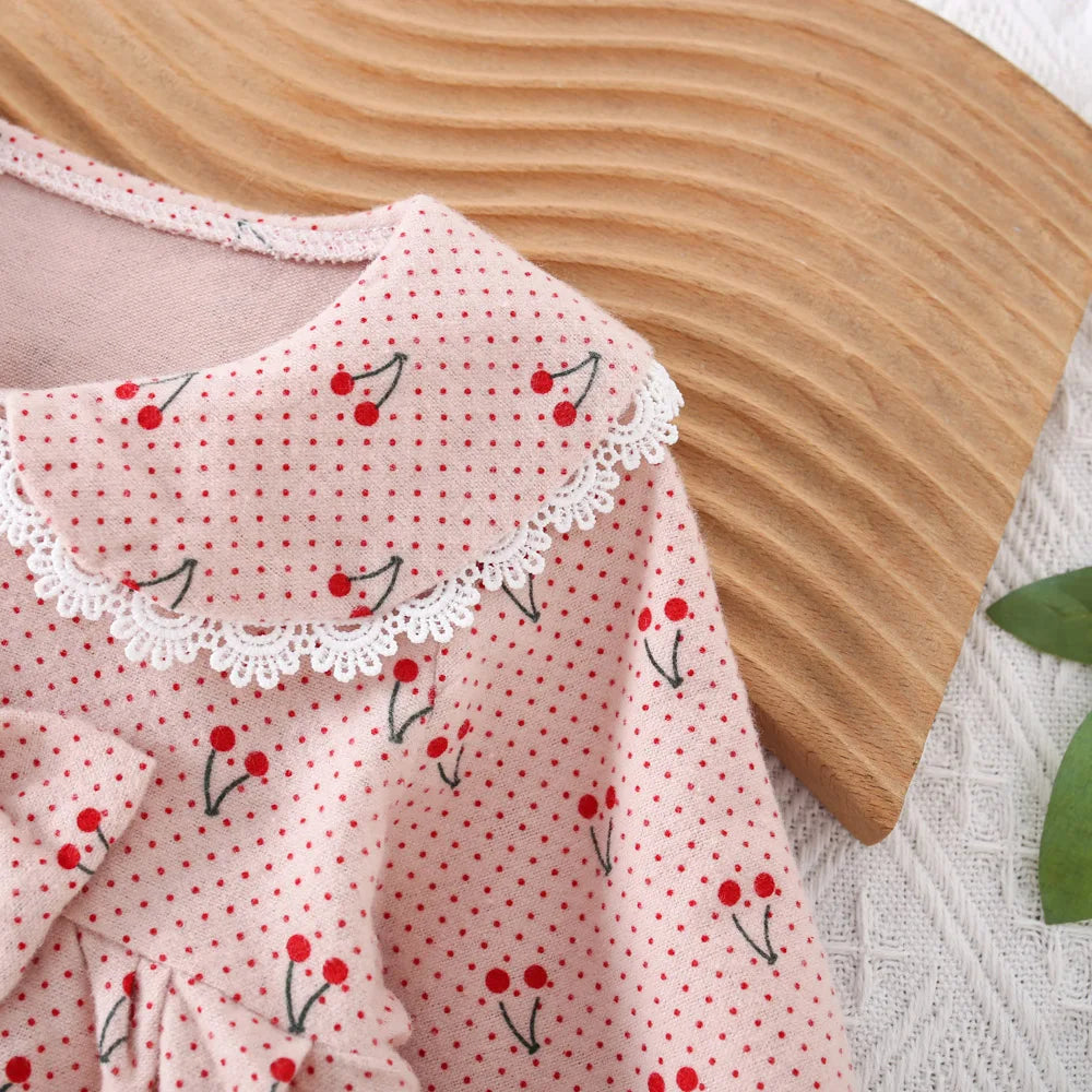 0-3 Year Old Baby Girl Dress, Spring And Autumn New Sweet Bow Cherry Long Sleeved Children'S Clothing