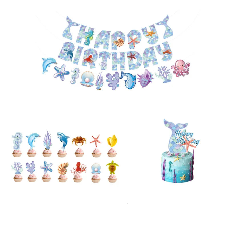 Mermaid Happy Birthday Party Decoration Banner Bunting Hanging Paper Swirls Kit for Kids Girls Under the Sea Theme Accessories