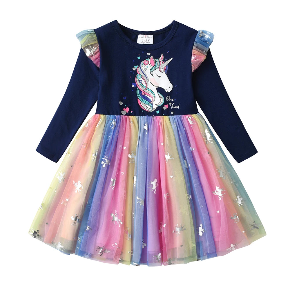 VIKITA Girls Unicorn Dress for Autumn Spring Children Cotton Casual School Costumes Birthday Party Princess Mesh Dress for Girl