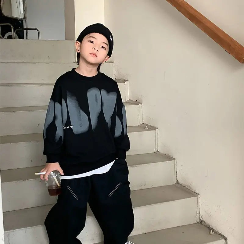 Boys' Medium To Large 2025 New Arrival No Hood Crewneck Spring/Autumn Trendy Street Style Kids Sweatshirt