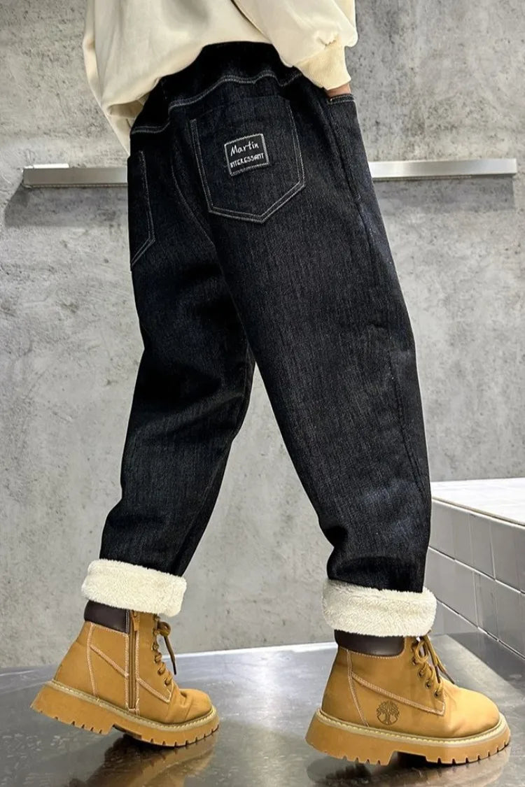 Boys Fleece-Lined Jeans Thermal Winter Pants Thickened Full-Body Cashmere Long Pants for Toddler Boys Outdoor Winter Clothing