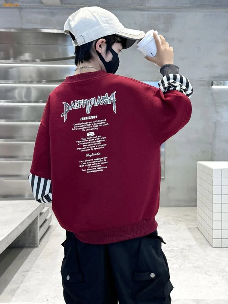 Boys' Medium-Large 2025 New Arrival No Hood Long Sleeve Fake Two-Piece Loose Fit Stylish Sweatshirt for Spring