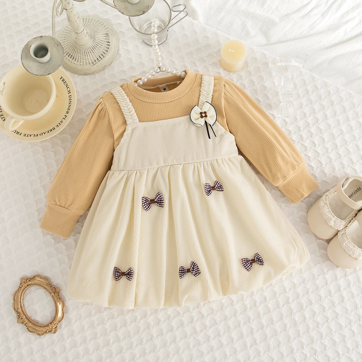 Spring And Autumn New Korean Style Baby Girl Dress, Sweet Bow Children'S Long Sleeved Clothes For Babies Aged 9 Months - 3 Years