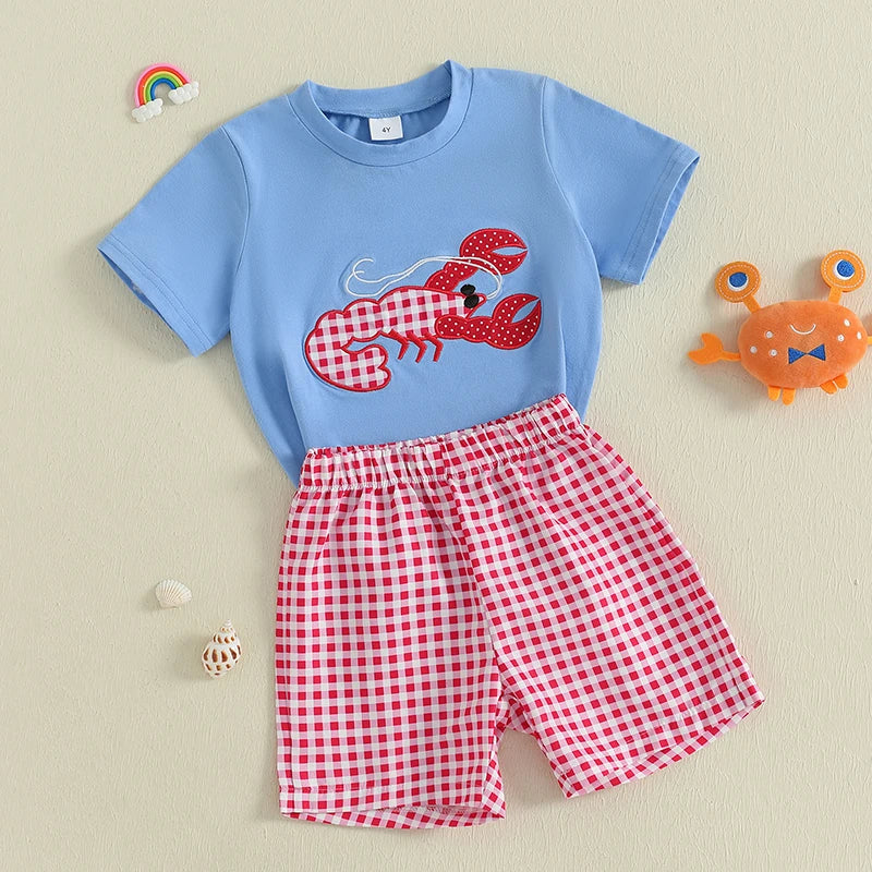 Children s Boys Summer Clothing Set with Cute Lobster Embroidered Short-Sleeve T-Shirt and Elastic Waist Shorts 2-Piece Outfit