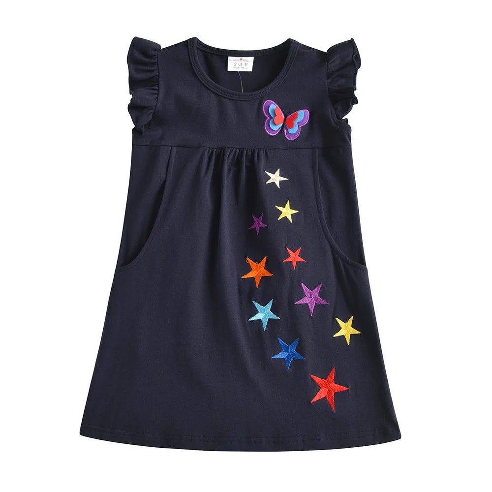 VIKITA Toddlers Flare Sleeve Summer Dress Kids 3D Butterfly Embroidery Cotton Casual Dress with Pockets Kids Daily Casual Wear