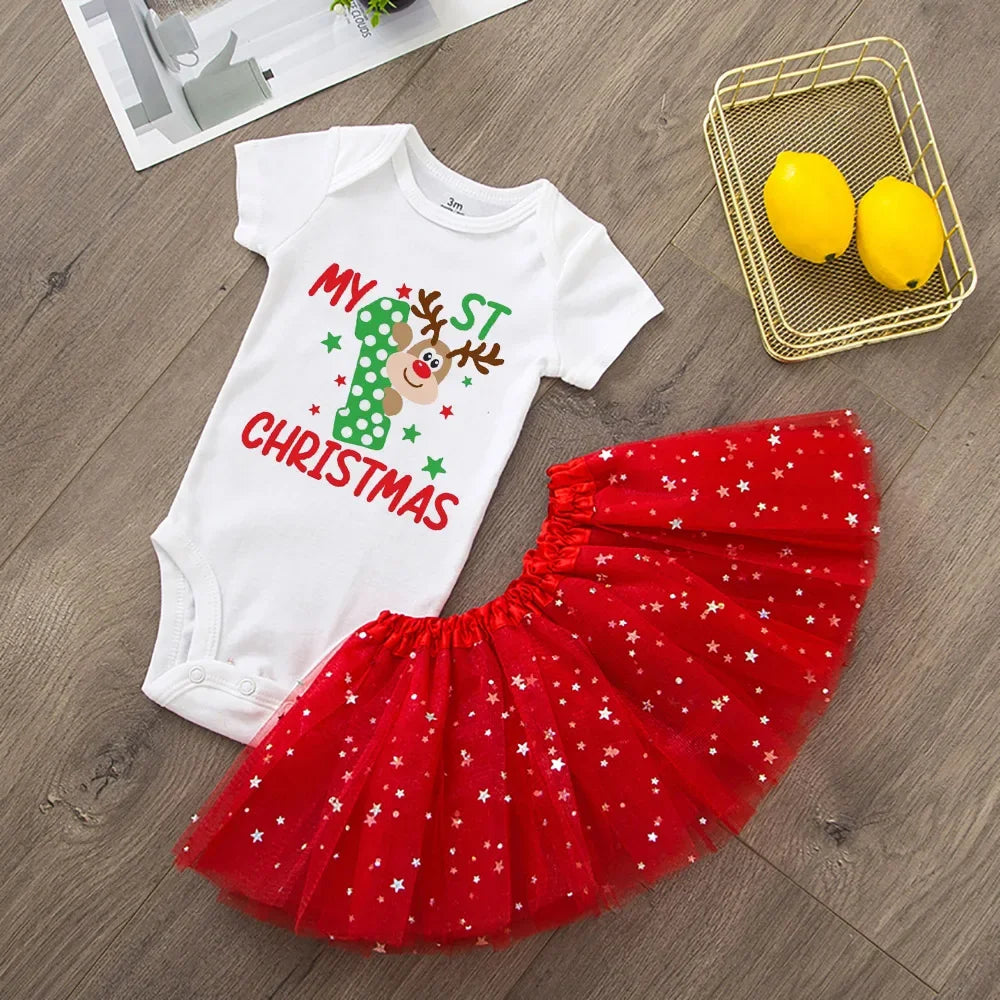 My First Christmas Newborn Girl Red Romper Jumpsuit Baby Girl Casual Short Sleeve Toddler Cake Dresses Christmas Best Gifts