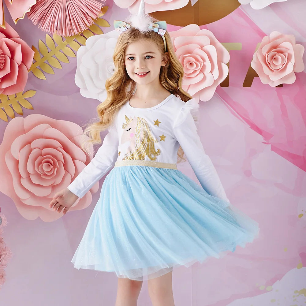VIKITA Kids Licorne Cartoon Print Dress Girls Flare Sleeve Autumn Spring Winter Vestidos Girls Princess Mesh Tulle Party Dress