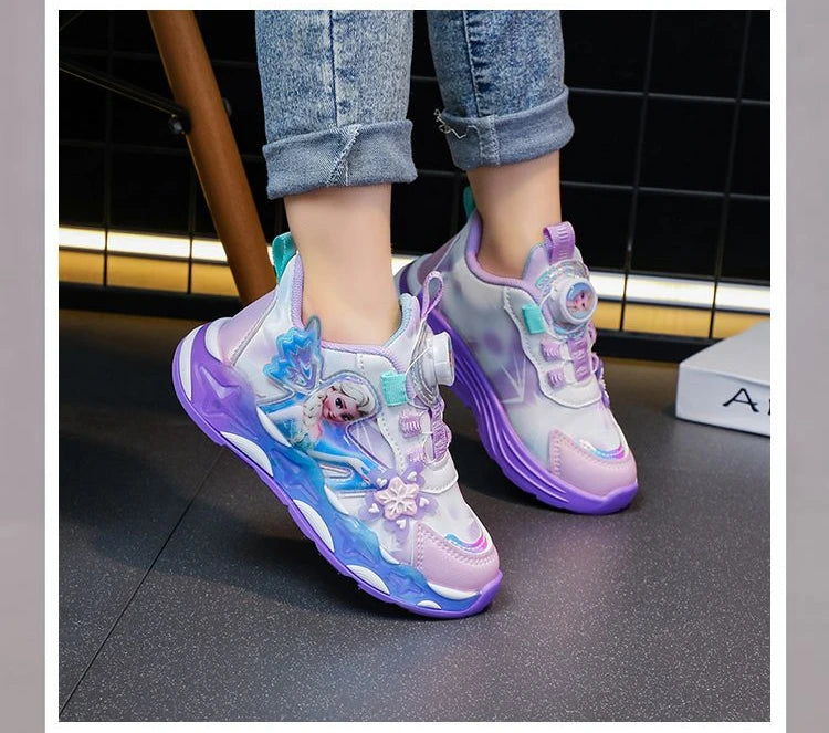 Disney LED Casual Sneakers Spring Girls Frozen Elsa Princess PU Leather Shoes Children Lighted Non-slip Pink Size 23-35