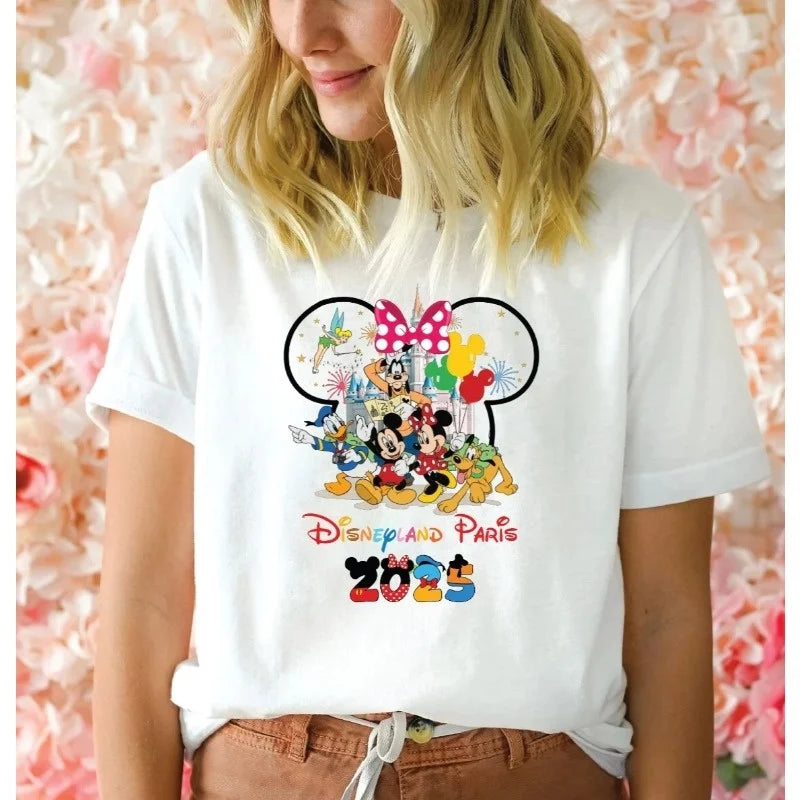 2025 Hot Disneyl and Paris T-Shirt Mickey Minnie Family Disney Bell Trip Gift Summer High Quality Tshirt