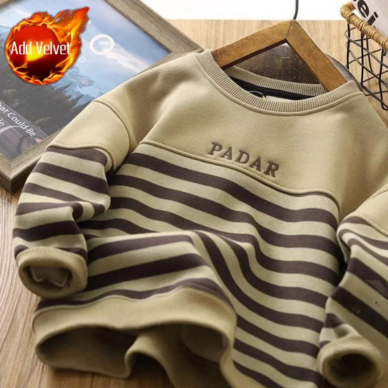 Boys' 2025 New Arrival No Hood Double Fleece-Lined Thickened Striped Crewneck Sweatshirt Autumn/Winter Trendy