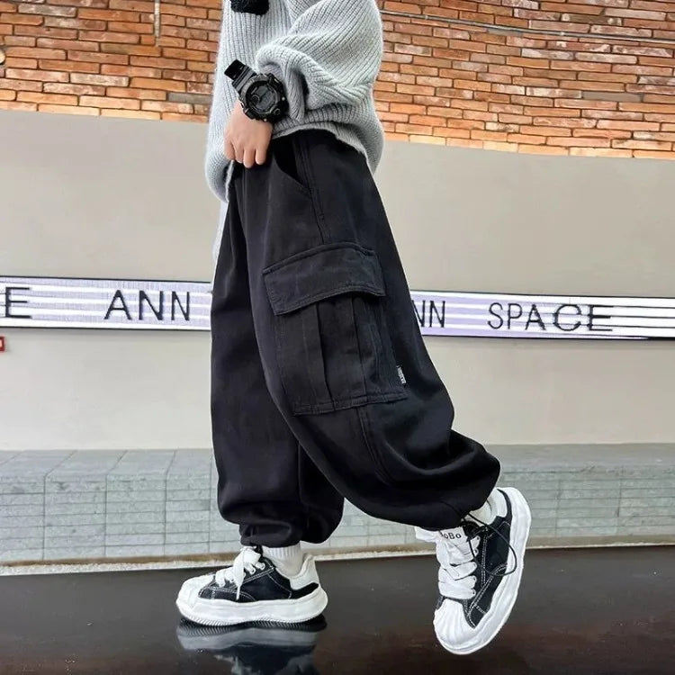 Boy's Loose Fit Tactical Cargo Pants 2025 Spring Autumn Lightweight Breathable Casual Wear with Multi-Pockets