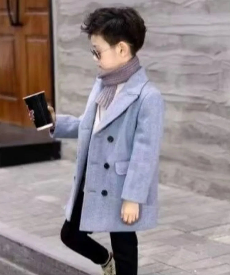 Boys Autumn Winter Quilted Thickened Wool Coat Korean Style New Big Kids Mid Length Stylish Coat
