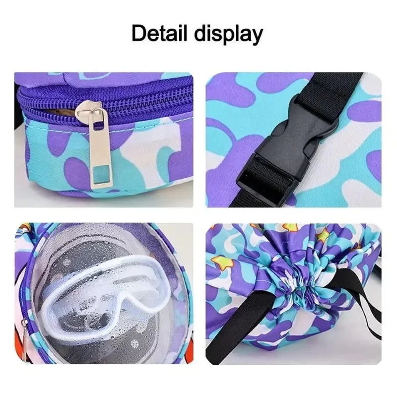 Kids Swim Beach Bag Drawstring Backpack with Shoe Compartment Cartoon Pool Bag for for Wet Swimming Sport Travel Boys Girls