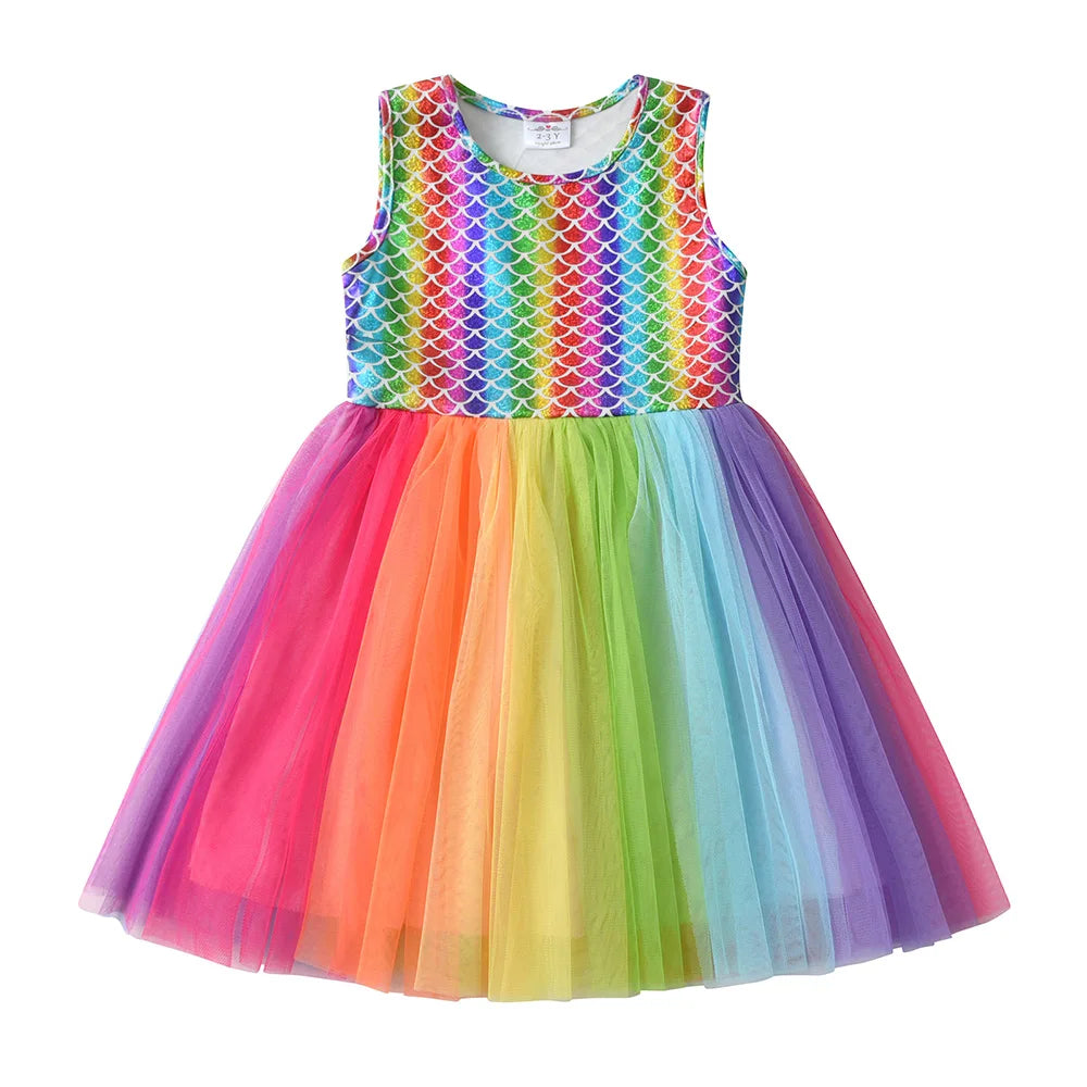 VIKITA Girls Sleeveless Summer Dress Kids Rainbow Print Colorful Multicolor Dresses Girls Mermaid Print Party Princess Vestidos