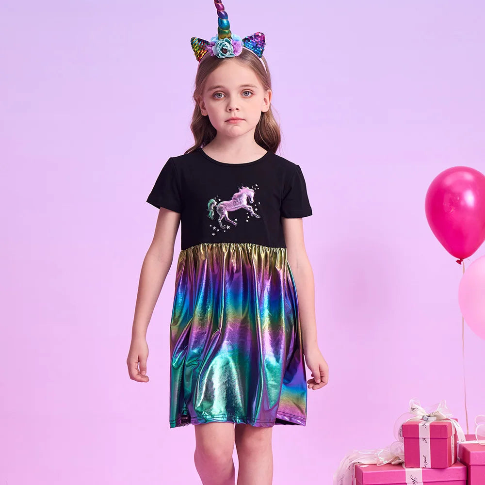 VIKITA Girls Unicorn Cartoon Dress Kids Short Sleeve Summer Dresses Girls Casual Shiny Patchwork Infantil Vestidos Kids Clothes