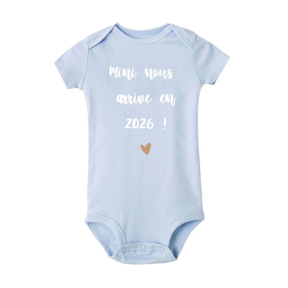Mini Nous Arrive on 2026 Infant Romper Baby Casual Short Sleeve Jumpsuit Newborn Rompers Pregnancy Reveal Clothes