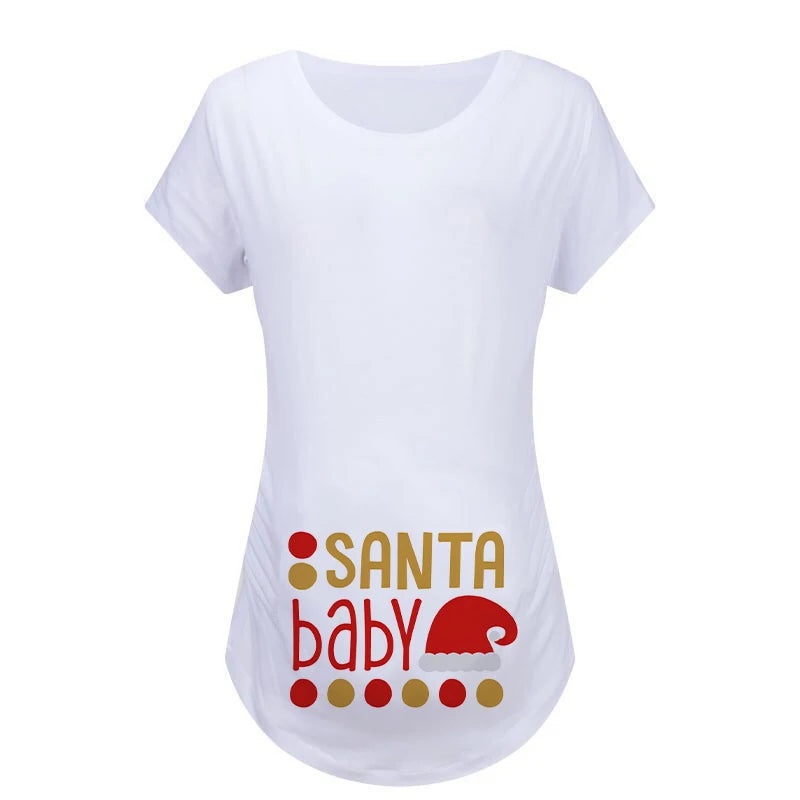 Christmas Womens Maternity T-shirt Santa Baby Printed Pregnant Women T Shirt Pregnancy Casual Short Sleeve T Shirt White Clothes