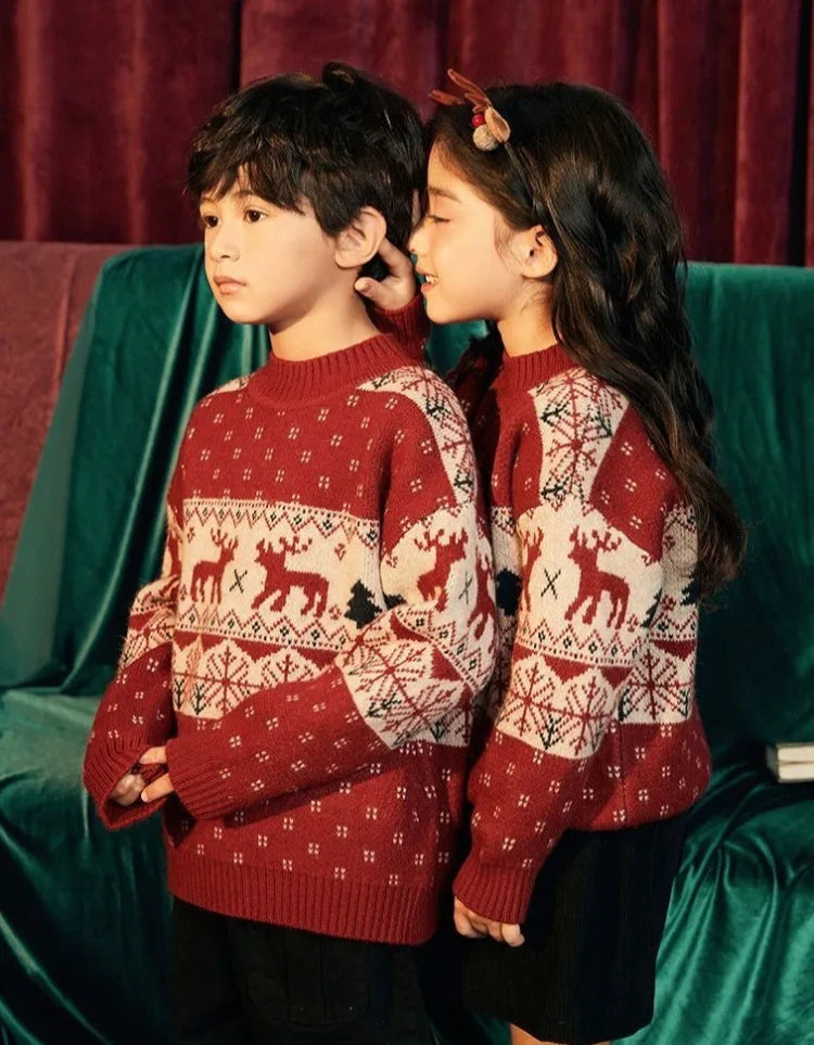 Kids' Christmas Thickened Fleece-Lined Pullover Sweater - Korean Style Warm Baby Boy & Girl Red Holiday Knitwear for Toddler