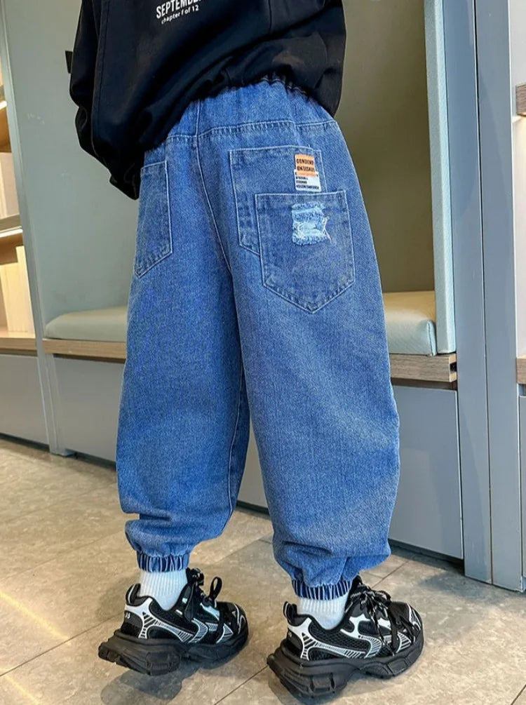 2025 New Boys' Denim Jeans Spring Autumn Kids Casual Sport Pants Long Korean Style Trendy Streetwear