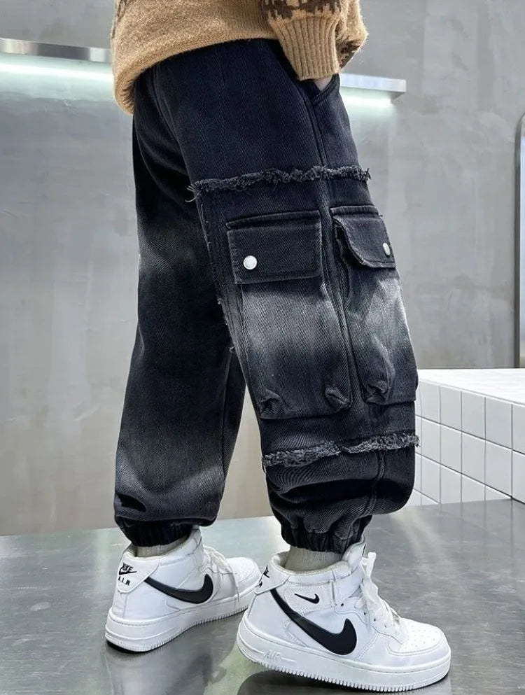 2025 Boys' Cargo Pants All-Season Washed Tie-Dye Denim Long Pants Trendy Casual Style