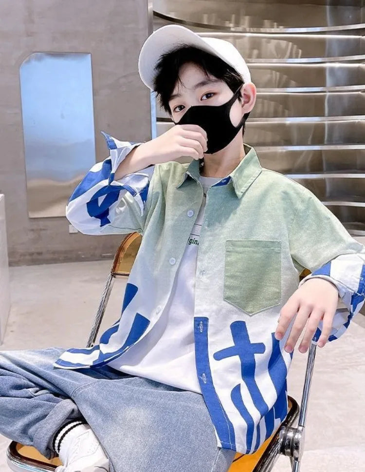 2025 Trendy Tween Boys Gradient Shirt Spring Autumn Summer Kids Clothing Hot Sale Unique Fashion Design