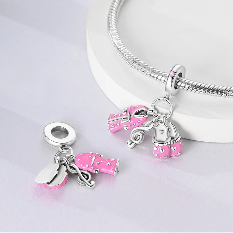 925 Sterling Silver Original Pink Ballet Shoes Charms Ballet Dancer Pendants For Women DIY Bead Fit Original Bracelet Necklace