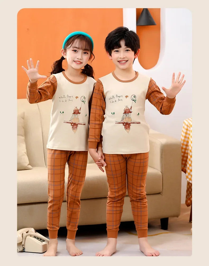 Children's Autumn Clothes and Pants Set for Boys and Girls Pure Cotton Thermal Underwear Pure Cotton Cotton Sweater Baby Pajamas