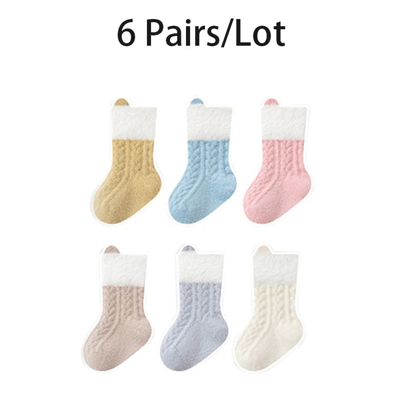 3/6 Pairs Newborn Socks Autumn Winter Thick Solid Color Kids Socks Mid-Tube Baby Socks For Boys And Girls