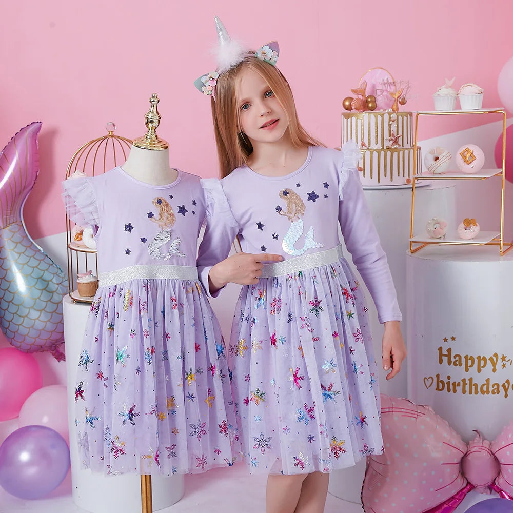 VIKITA New Children Clothes Girls Summer Flare Sleeve Purple Dress Kids Mermaid Sequins Mesh Tulle Princess Party Tutu Vestidos