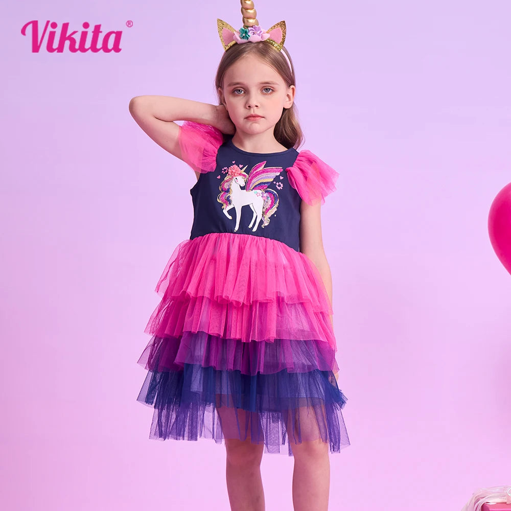 VIKITA Girls Summer Dress Kids Princess Gradient Sequined Wedding Birthday Party Gown Elegant Fashion Frocks Unicorn Costumes