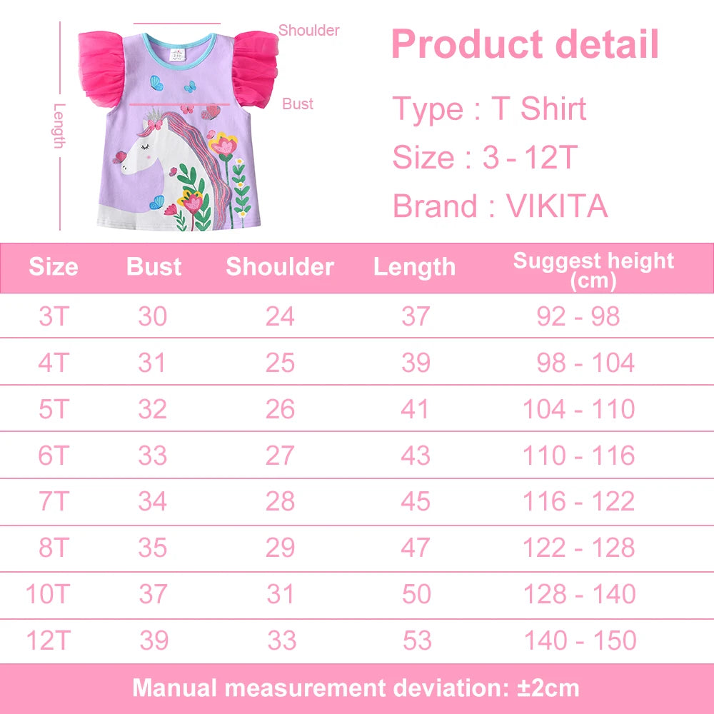 VIKITA Girls Flare Sleeve Summer T Shirt Kids Unicorn Flower Print Cartoon T Shirts Kids Casual Daily School Cotton Casual Tops