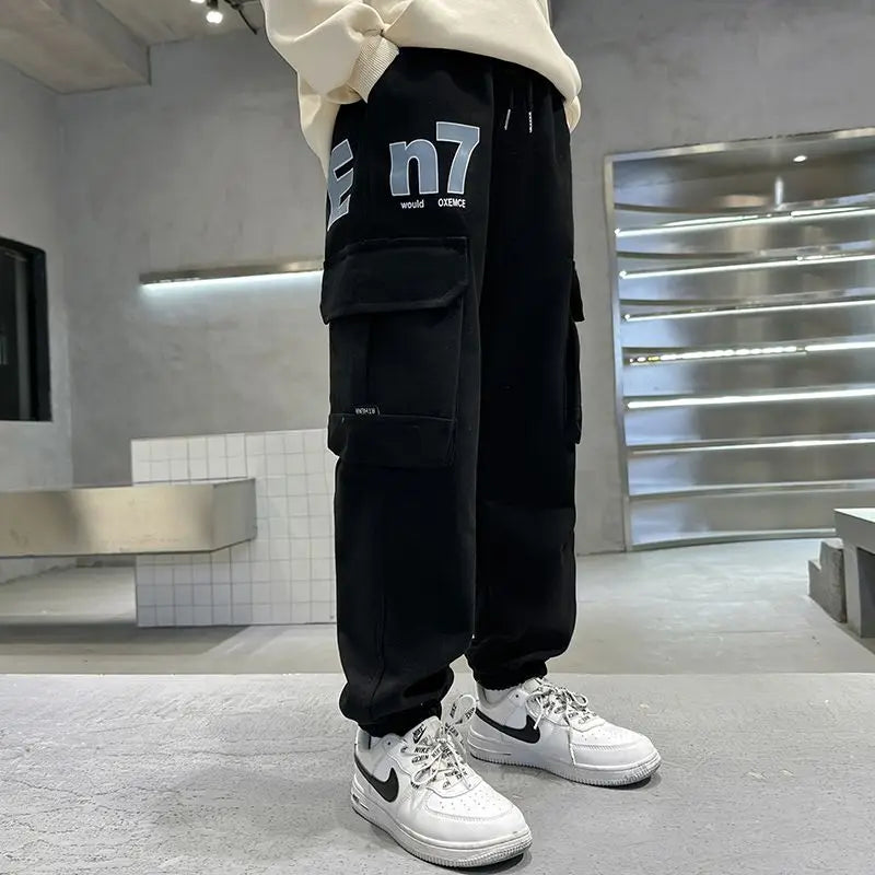 Boys Cargo Pants Spring Autumn Fleece-Lined Kids Casual Loose Long Pants Stylish Warmth Outdoor Playwear
