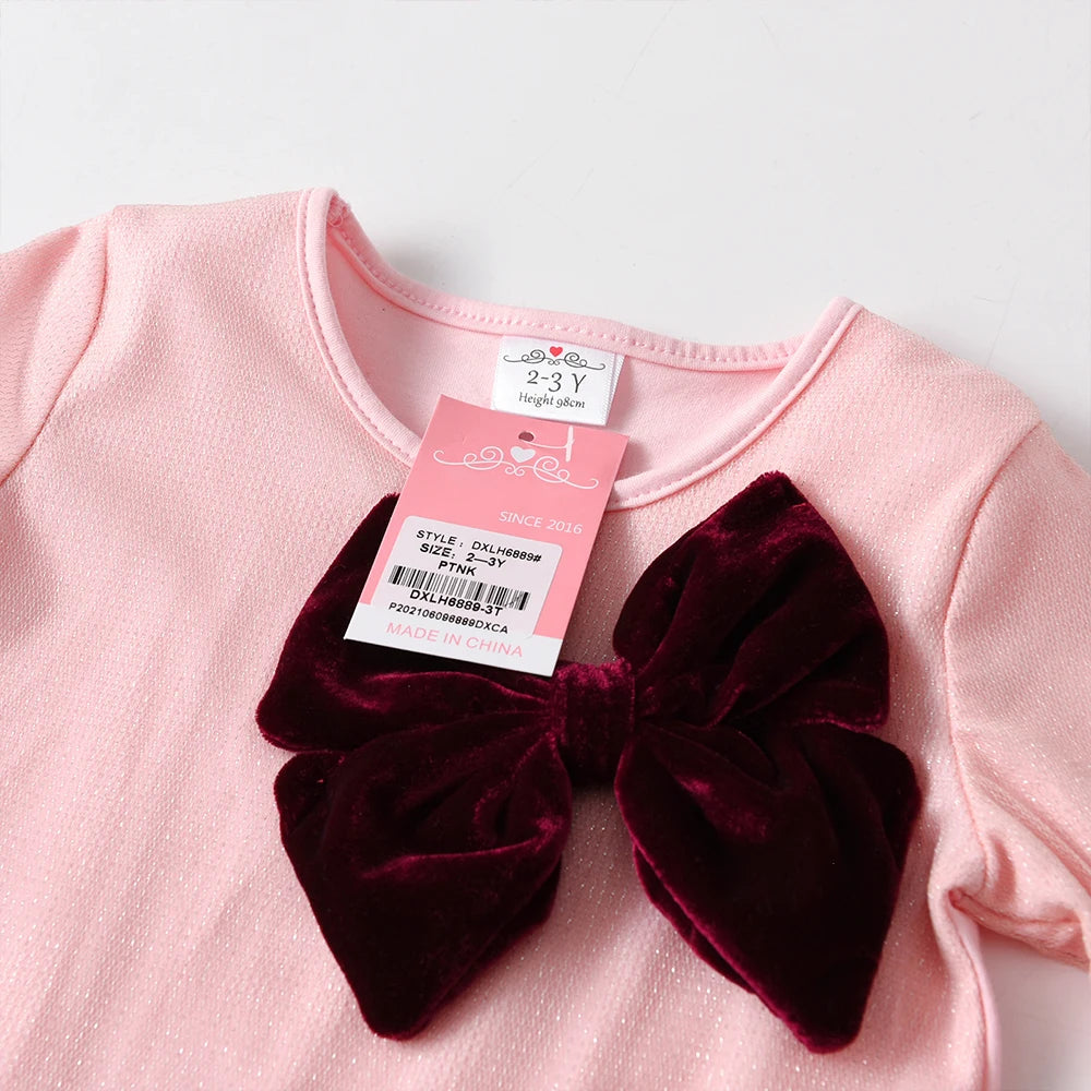 VIKITA Children Cotton Casual Dresses Kids Pink Ruffles Dress Girls Autumn Spring Long Sleeve Straight Dress with Bowknot 3-8 Y