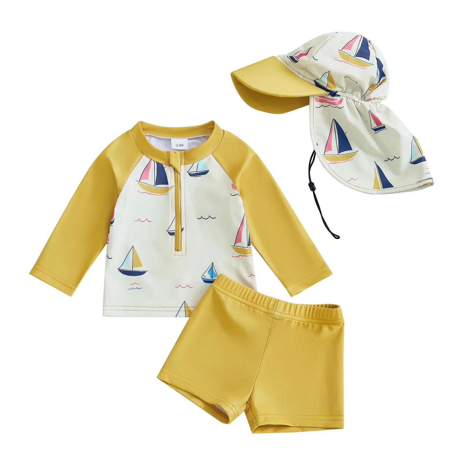 Boys Rash Guard Swimsuit Set with Shark Print Long Sleeve Zipper Tops Solid Shorts and Swim Hat 3 Pcs Outfits for Beach Fun