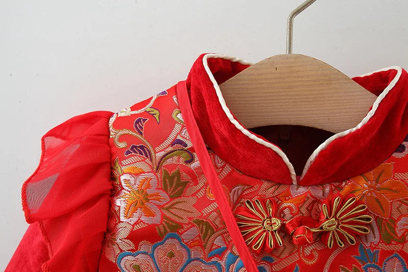 New Winter Embroidered Baby Girl Dress, Retro Style Children'S Clothing For Spring Festival Parties+Red Envelope Bag Giveaway