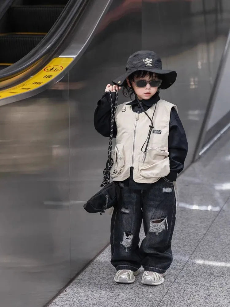 Kids' Korean Style Ripped Jeans Edgy Streetwear Pants for Toddler Boys & Girls Spring/Fall