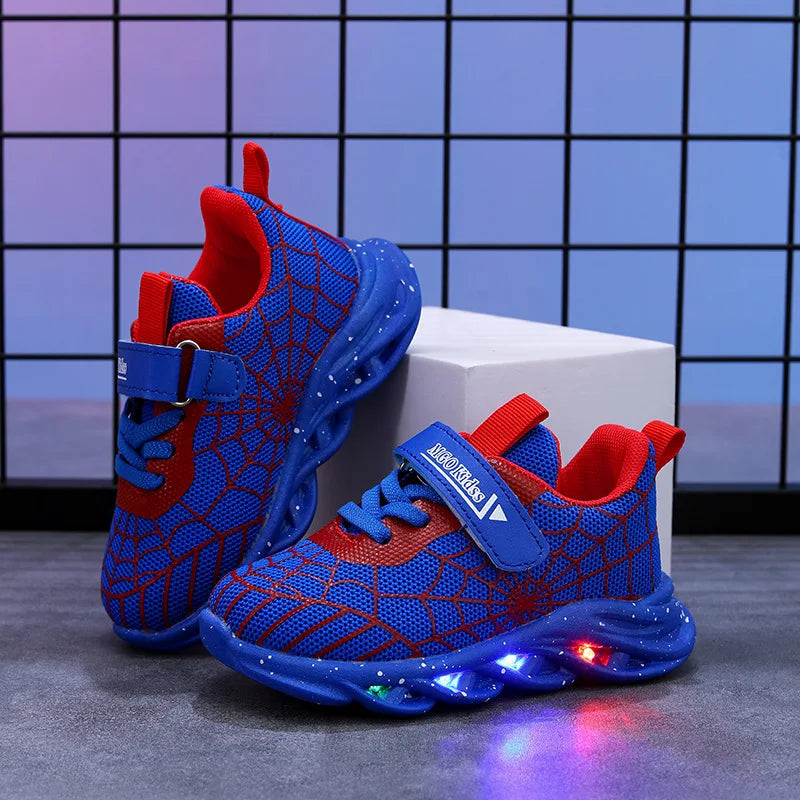 Disney LED Casual Sneakers Spider-Man Red Black For Spring Boys Mesh Outdoor Shoes Children Lighted Non-slip Shoes Size 21-30