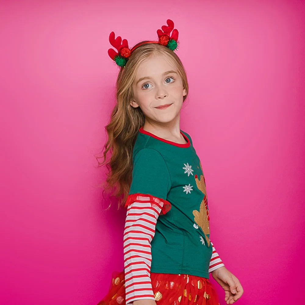 Girls Christmas Green Tops with Ruffle Sleeves Kids Reindeer Snowflake Print Soft Cotton Holiday Party Xmas Festival Tees Gift