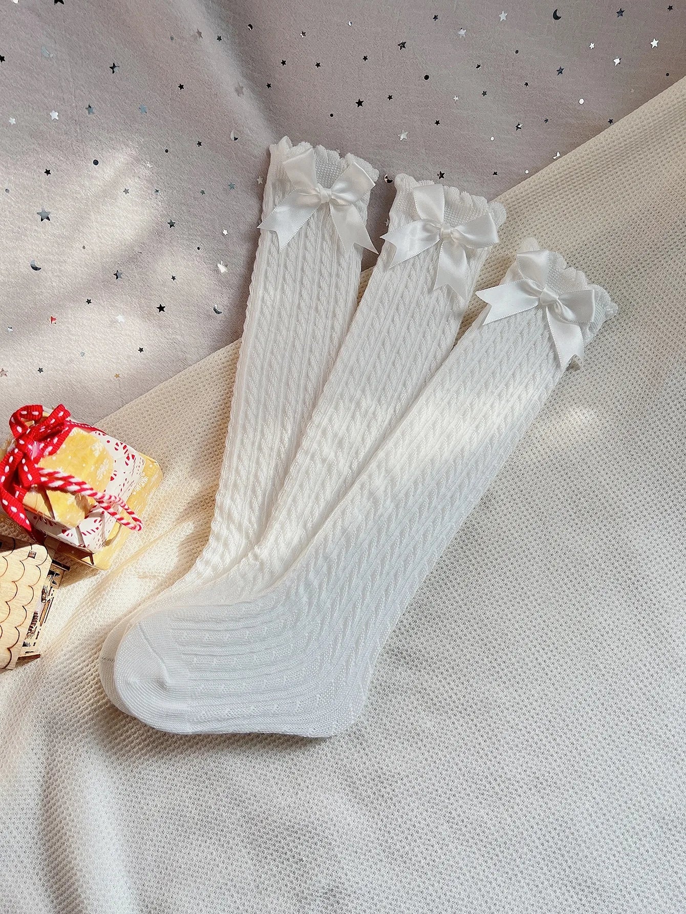 3pairs Girls Bow Decor Over The Calf Long Socks
