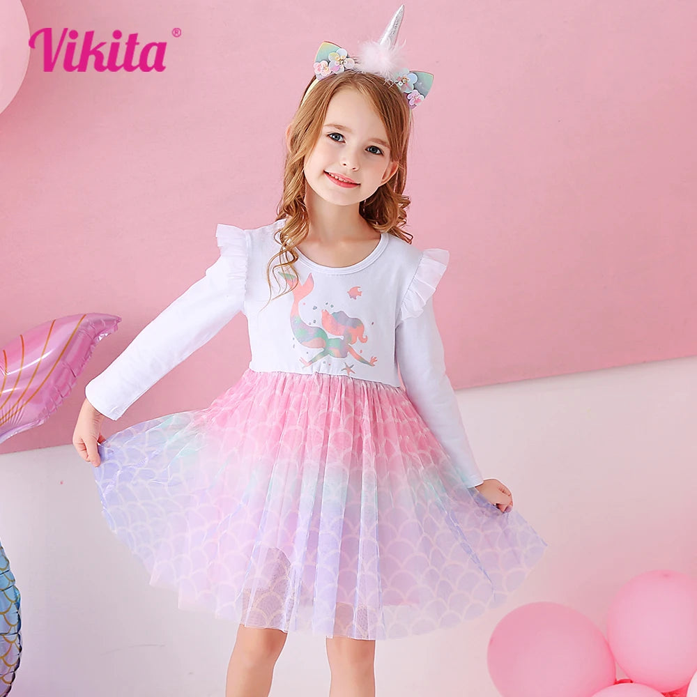 VIKITA Girls Mermaid Cartoon Print Dress Kids Autumn Spring Flare Sleeve Dresses Girls Patchwork Casual Princess Dresses 3-8 Yrs