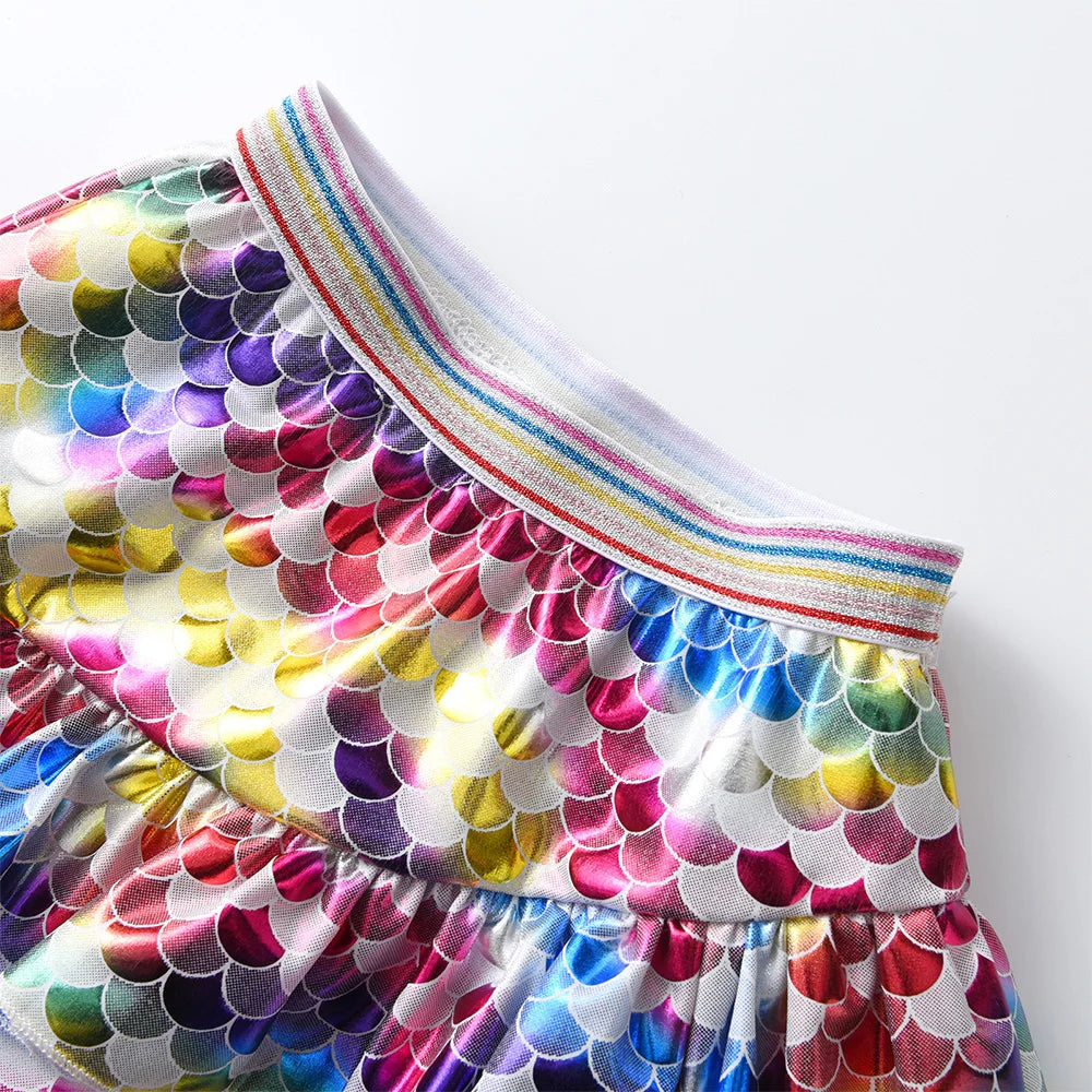 VIKITA Kids Mermaid Print Skirt Girls Beach Casual Party Skirts Kids Colorful Sequins Ruffles Skirt Fashion Princess Mini Skirts