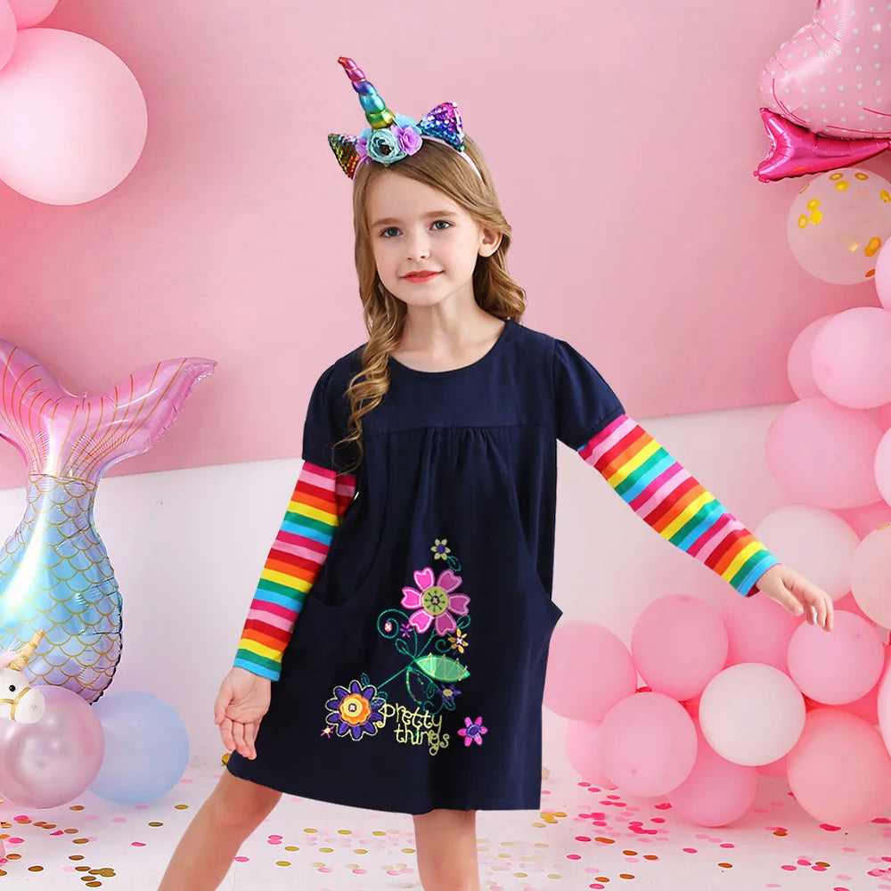 VIKITA Girls Flower Print Dress Kids Autumn Spring Long Dress with Pockets Girls Rainbow Striped Cotton Casaul Straight Dresses