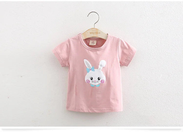 2025 Summer 2 3 4 6 8 10 Years Children Cotton Cartoon Star Bird Cat Rabbit Animal Print Short-Sleeve T-Shirt For Kids Baby Girl