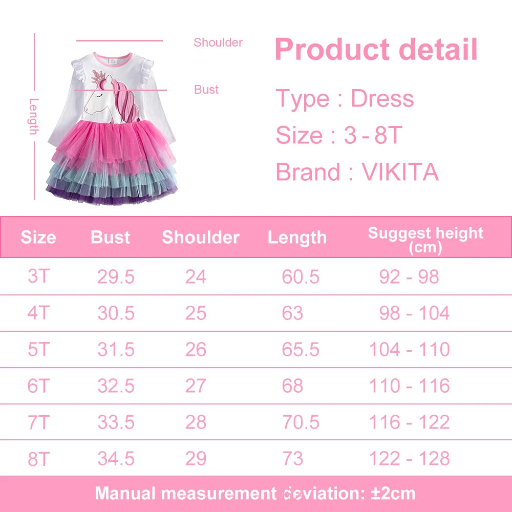 Girls Unicorn Print Long Sleeve Autumn Spring Dress with Tiered Tulle Mesh Tutu Skirt Kids Gradient Glittery Princess Frocks